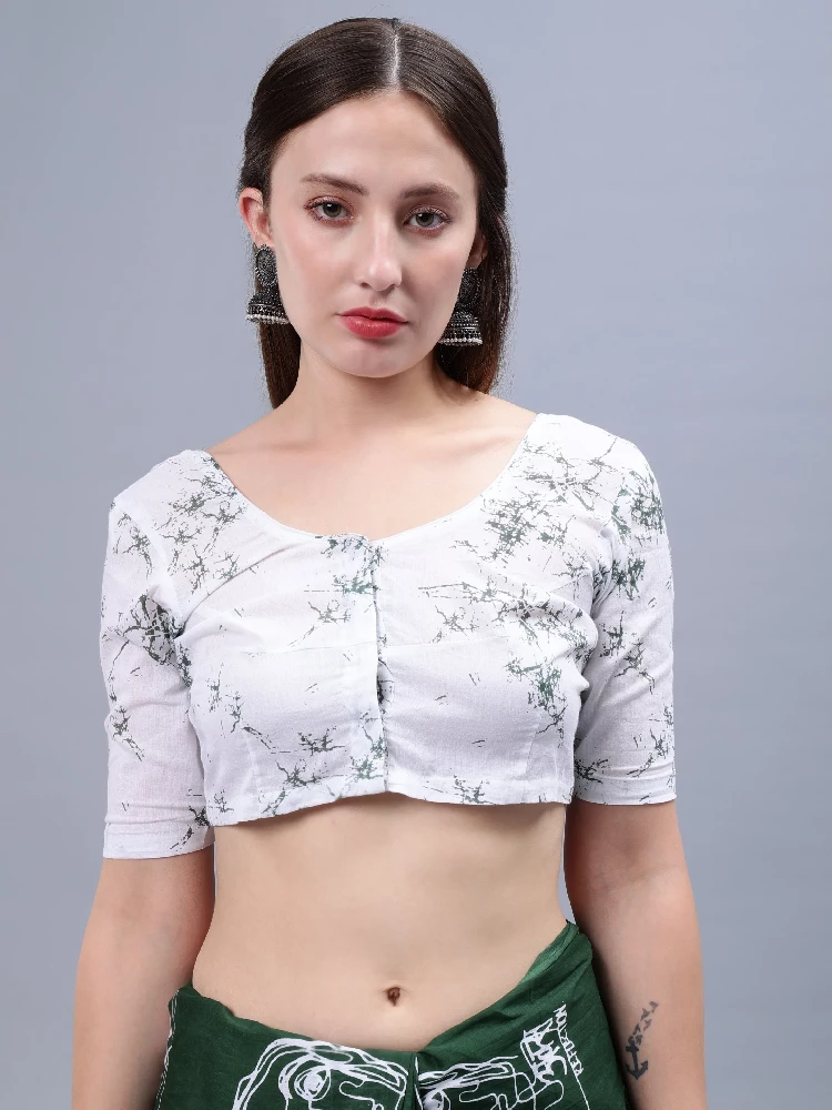 Bottle Green Printed Malmal Cotton Saree-6.webp